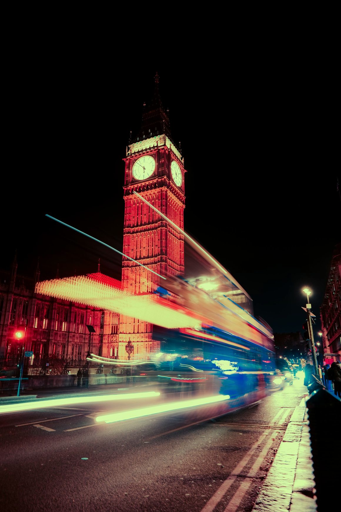 Westminster at night with light trails