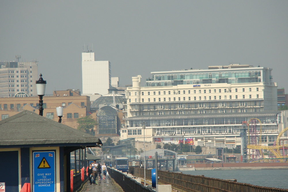 The Palace hotel and the Royals centre seen from Southend Pier