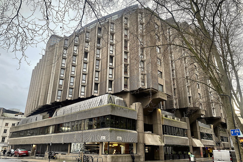 The hotel building at the corner of Adeline Place and Bedford Avenue (photographed as St Giles Hotel, January 2024)